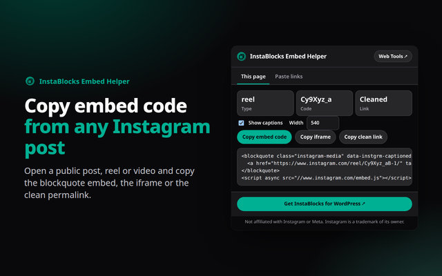 InstaBlocks Embed Helper extension screenshot