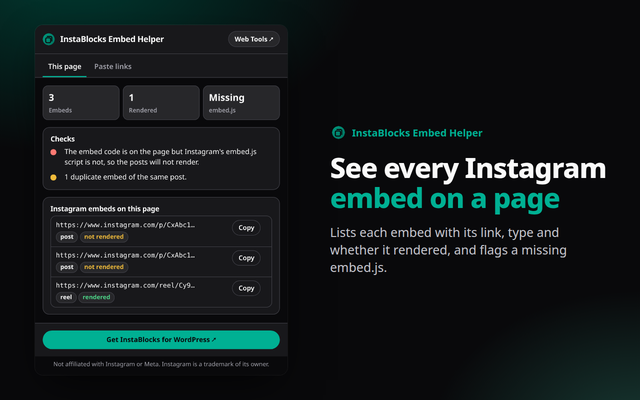 InstaBlocks Embed Helper extension screenshot
