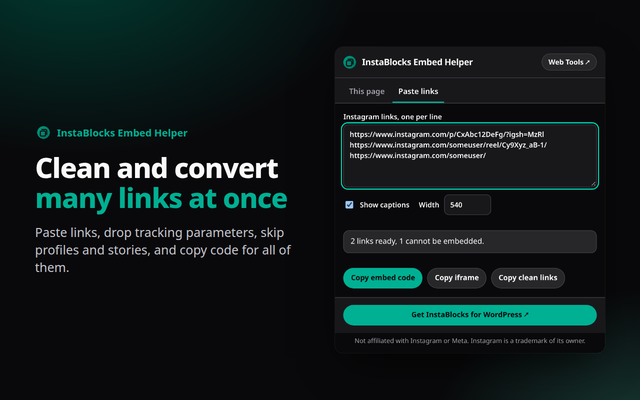 InstaBlocks Embed Helper extension screenshot